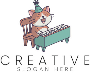 Adorable Cat Playing Piano Cute Musical Birthday Illustration art kid fun pet keys song logo icon   
