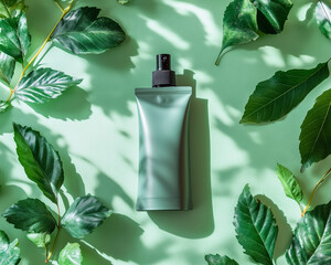 A flat lay of a refill pouch and bottle combo on a sustainable eco-themed background with leaves and soft light 