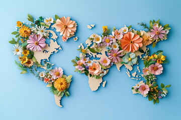 World map with colorful flower arrangement on blue background