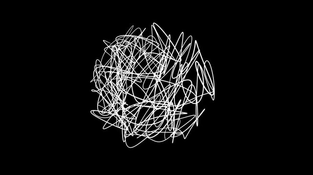 Looped hand-drawn animation. Chaotic tangle or white line sketch in the form of a spherical scribble. Nervous, tangled doodle circle or thread knot spinning on a black background. 4K seamless 