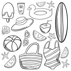 Doodle summer items set. Summer leisure accessories