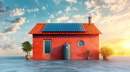 Obraz premium Sustainable home with solar panels and water heater