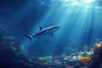Fototapeta premium shark swimming just above a coral reef, soft light refracting off the sea floor