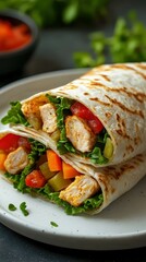 Fresh chicken wrap with colorful vegetables prepared and served on a plate in a well-lit kitchen