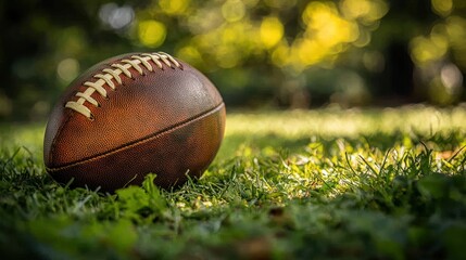 Aged football resting on grassy field