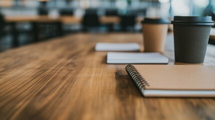 Cozy cafe table with notebooks and coffee cups on wooden surface