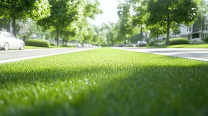 Obraz premium Lush green median on sunlit urban street with cars