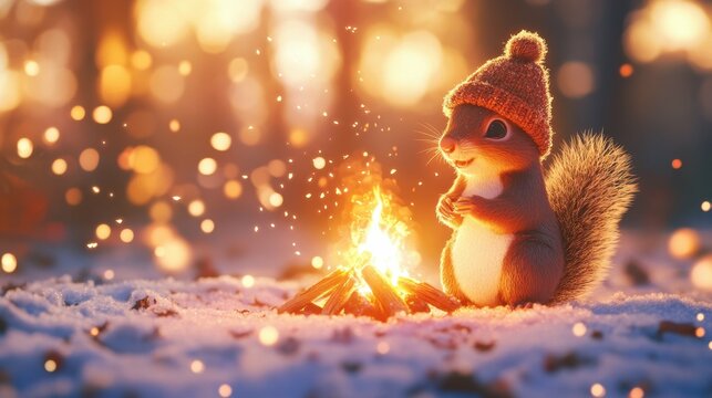 Cozy squirrel by warm fire in snowy winter forest at sunset