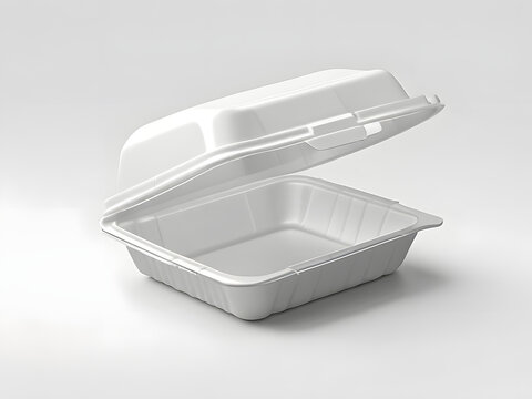 Realistic three-dimensional rendering of a white open clamshell food container for take-out orders.