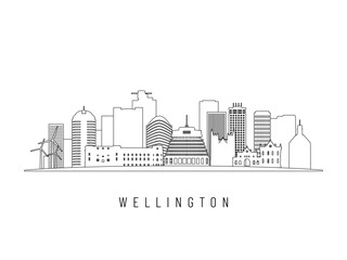 Obraz premium Detailed Wellington skyline vector illustration. Wellington buildings in line art style, perfect for modern designs.