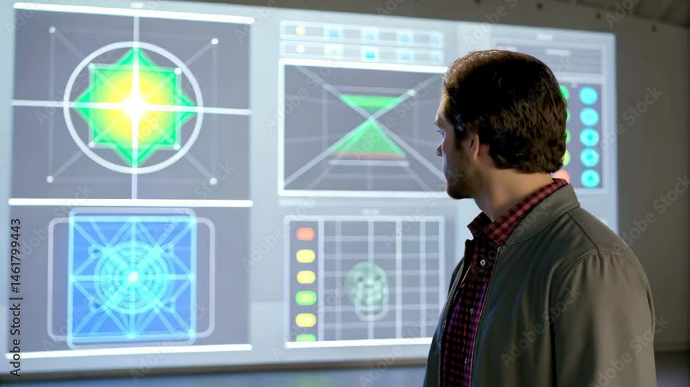 Poster a man stands in front of a high-tech interface displaying geometric patterns and vibrant colors, sug