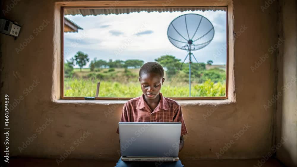Poster a rural student attending an online lecture using a laptop in a serene environment.