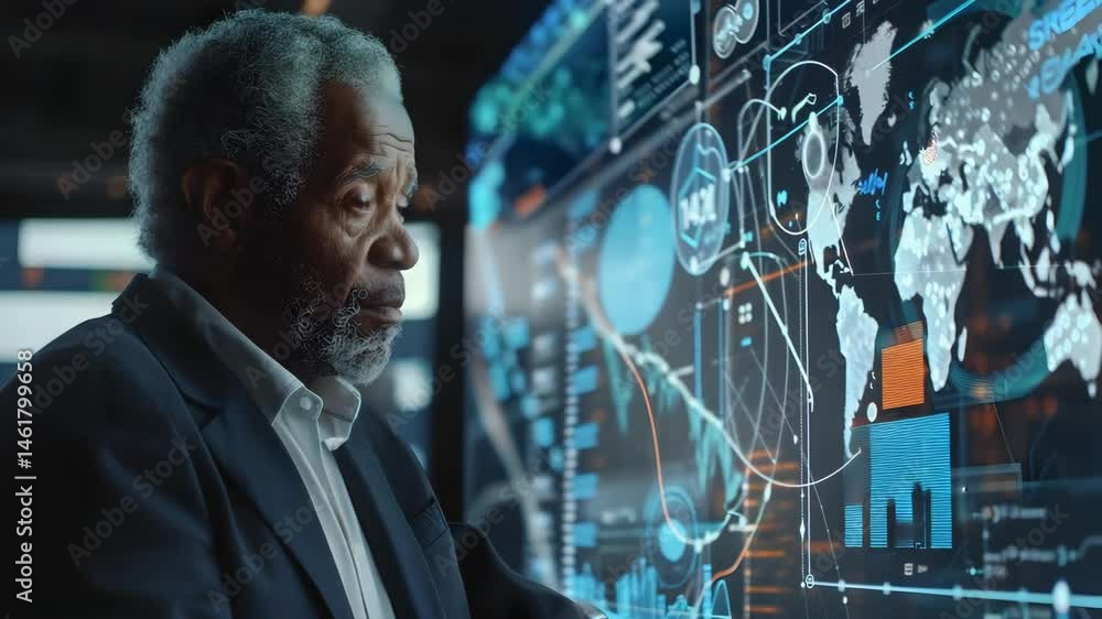 Poster senior man engaged with futuristic digital screen displaying world map and data analysis, driving bu