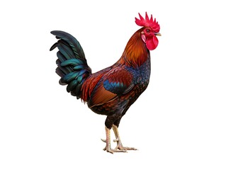 Fototapeta premium A colorful rooster standing tall with vibrant plumage isolated on a clean white background image view
