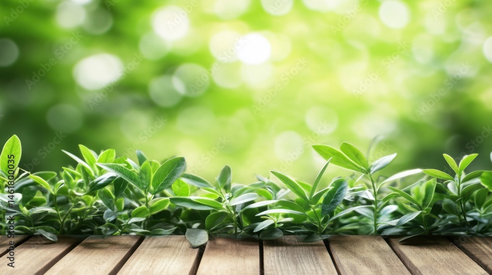 Poster lush greenery and wooden surface in soft focus with bokeh background for springtime freshness and na