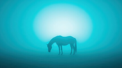 Obraz premium Lone horse silhouette in mystical blue foggy landscape