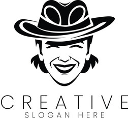 Smiling Man Wearing a Stylish Wide Brim Hat Creative Logo Design art face icon cool head black white