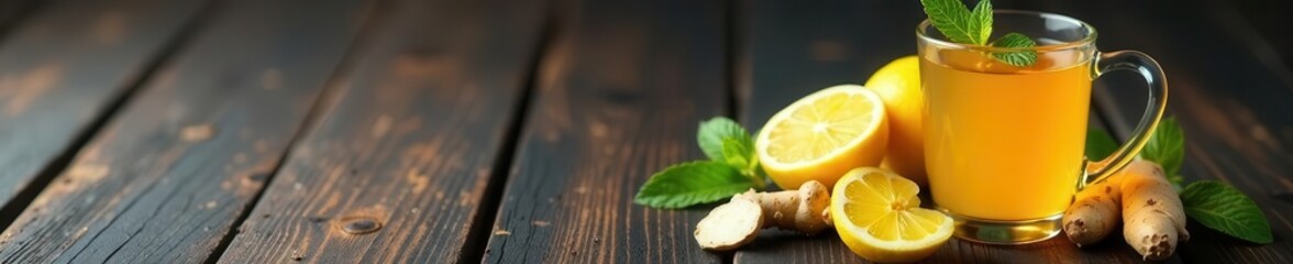 Warm ginger lemon tea, honey, mint Black wood background , aromatic, health