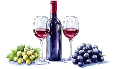 Obraz premium Hand-painted still life of red wine, grapes, and glasses.