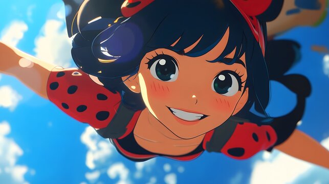 Tikki smiling while floating over Marinette is shoulder in anime style