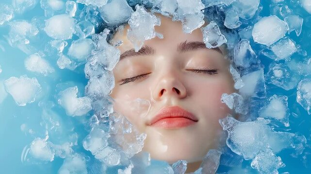 Young woman surrounded by ice cubes with closed eyes, experiencing cold therapy or beauty treatment. Serene facial expression with delicate skin texture. Soft blue background.