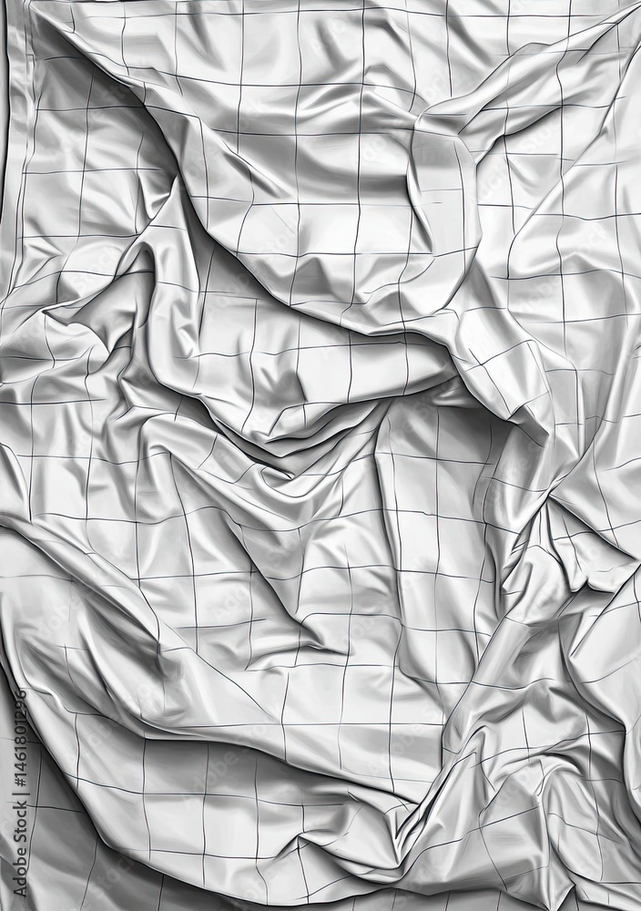 Poster draped fabric over a gridded surface. wrinkled, flowing material in grayscale, with a structured und