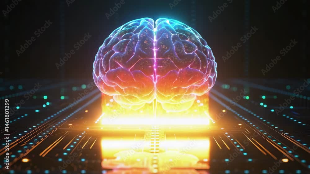 Poster a vibrant, digital representation of a brain surrounded by a network of glowing circuits, symbolizin