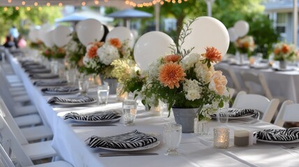A beautifully arranged table for a graduation party features floral centerpieces with vibrant blooms, white balloons, and neatly folded napkins, creating a joyful atmosphere outdoors