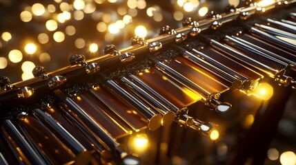 Golden containers arranged in a production line.