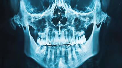 A detailed X-ray image of a human skull showing teeth, jaw, and bone structure in high contrast blue tones.