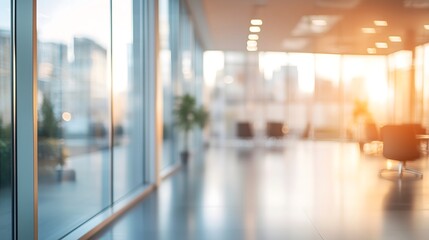 Modern Office Corridor with Glass Partitions Blurred