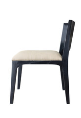 Side view of a wooden chair with a comfortable fabric seat, isolated with clipping path