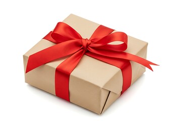 Obraz premium Square present wrapped in brown paper with a red ribbon on a white background in a studio shot