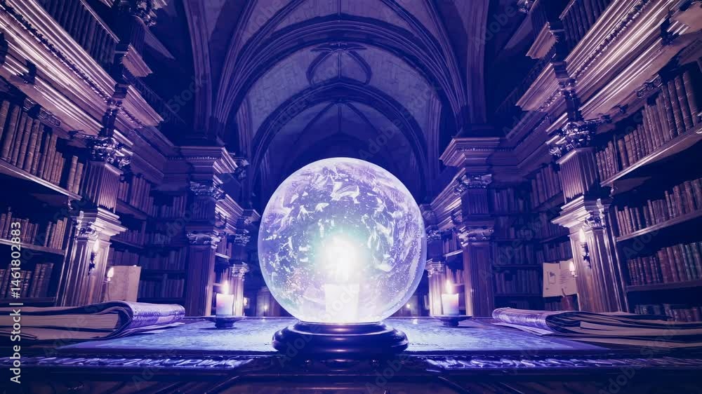 Poster a mystical library with towering shelves and a glowing orb on a table. captured from a low angle, re