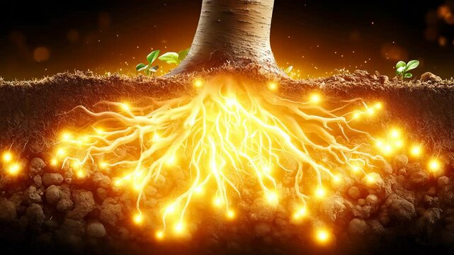 Detailed cross-section visualization of tree root system with glowing interconnected roots spreading through rocky underground terrain, small seedlings emerging, dramatic golden lighting effects.