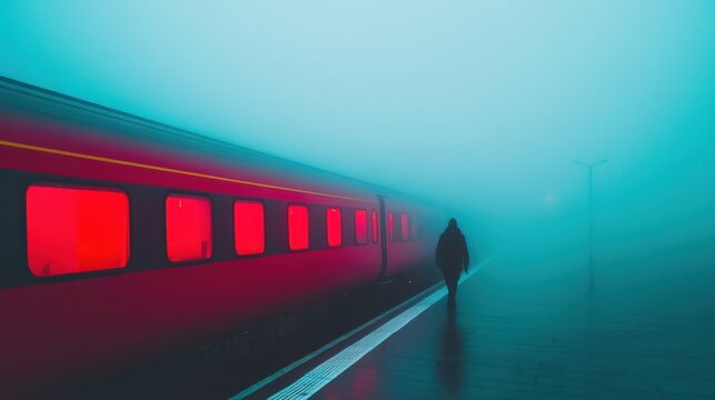 Silhouetted figure walking on misty train platform at night