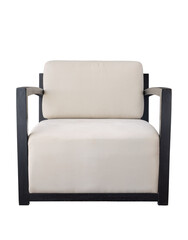 Front view of a wooden chair with a comfortable fabric seat, isolated with clipping path
