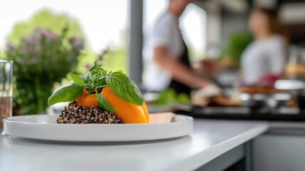 Elegant presentation of quinoa salad with bell peppers and fresh basil leaves