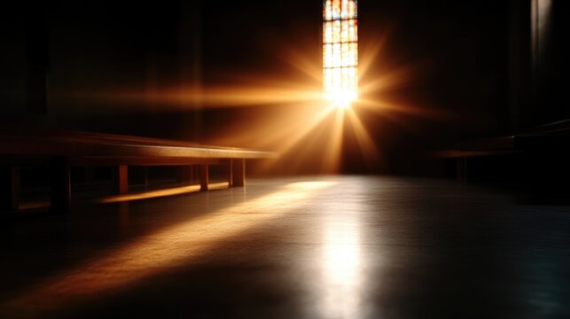 Sunlight streams through stained-glass window, illuminating church interior