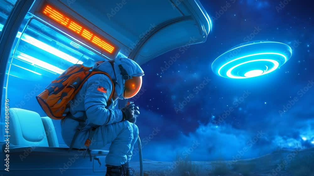 Poster astronaut in blue spacesuit with backpack at a bus stop observes approaching ufo. nighttime alien la