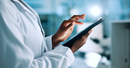 Hands, biotech or person in laboratory with tablet, update or gene editing medical experiment. Data...