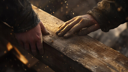Hands Working on a Wooden Beam with Sawdust
