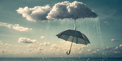Cloud raining upside-down onto a floating umbrella, reversed physics concept