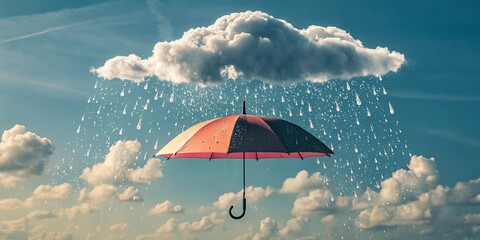 Cloud raining upside-down onto a floating umbrella, reversed physics concept