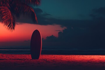 Single longboard leaning against a palm under fading coral-colored light
