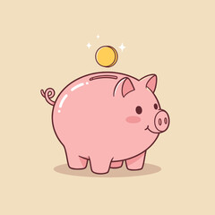 Cute pink piggy bank with gold coin and sparkle