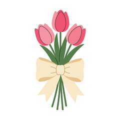 Pink tulip flower bouquet with cream ribbon bow illustration