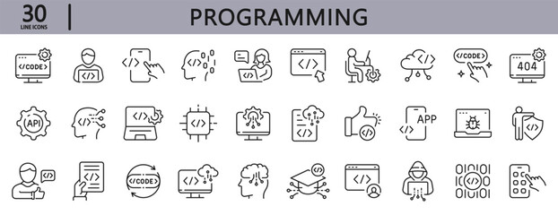 Programming line icons set with Coding, Developer, Code, Software, Application, Technology, Computing and more. Editable Stroke