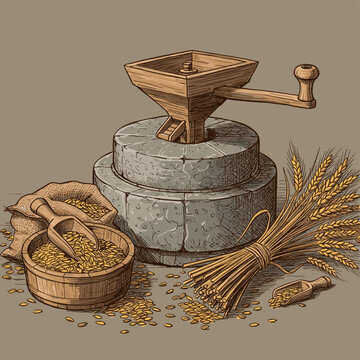 Ancient stone millstone with wheat grain, bowl, and sack