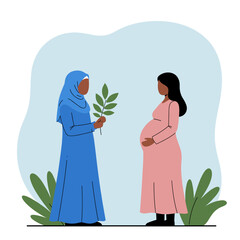 Woman in hijab giving plant to pregnant woman illustration